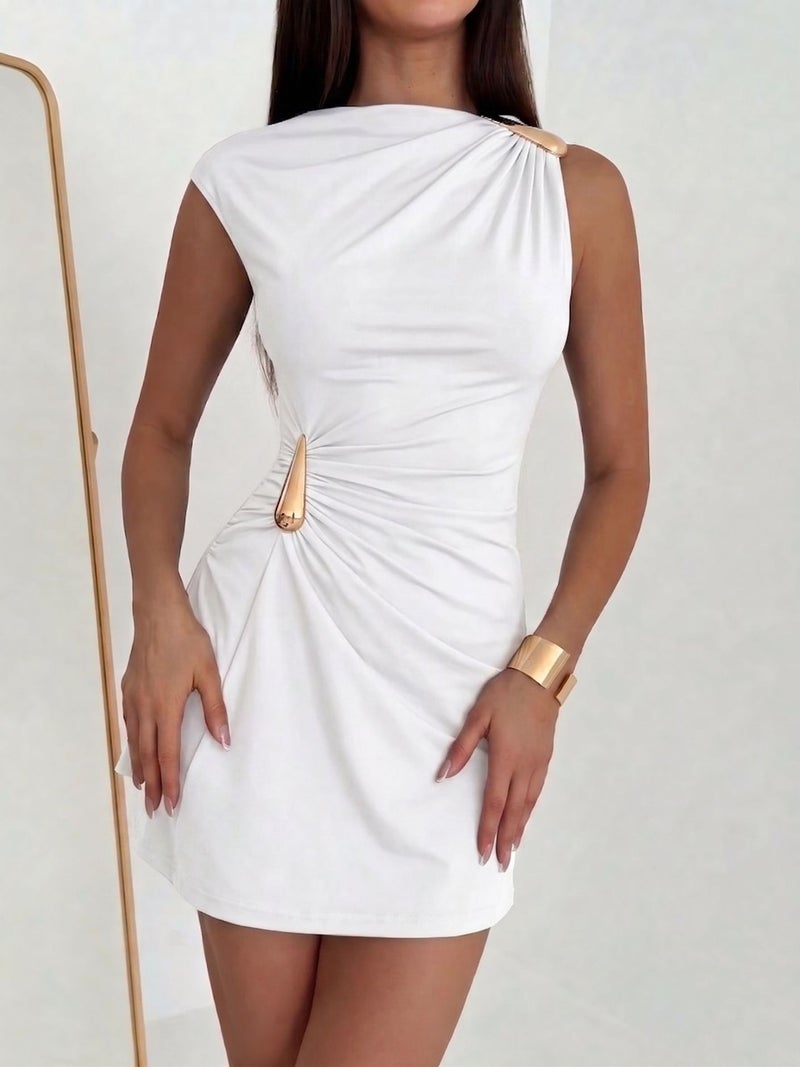 Metal Button Ruched Bodycon Dress Summer - Image 2
