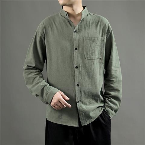 Ethnic Style Slant-breasted Hanfu Mens Zen Suit Meditation Suit Cotton Linen Long-sleeved Shirt Tea Jumpsuit Chinese Style Mens Suit Army Green - Image 1