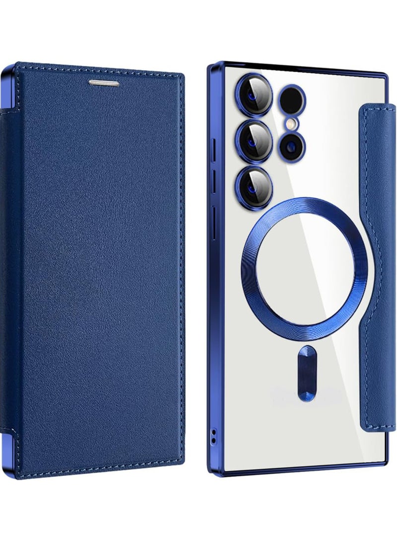 Rock Pow Leather Flip Case for Samsung 2024, Personalized Texture Leather Flip Phone Case, Flip Leather Case for Samsung with Credit Card Holder Green-Dark Blue ||S24ULTRA - Image 1