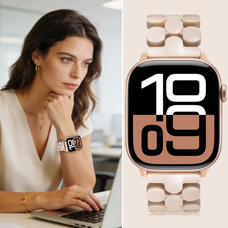 V-MORO Cute Resin Band Compatible with Apple Watch 42mm/41mm/40mm/38mm Women Fashion Dressy Fancy Strap Bracelet lightweight Wristband for iWatch Bands Series 11 10 9 8 7 6 5 4 3 2 1 SE-Oatmeal - Image 2