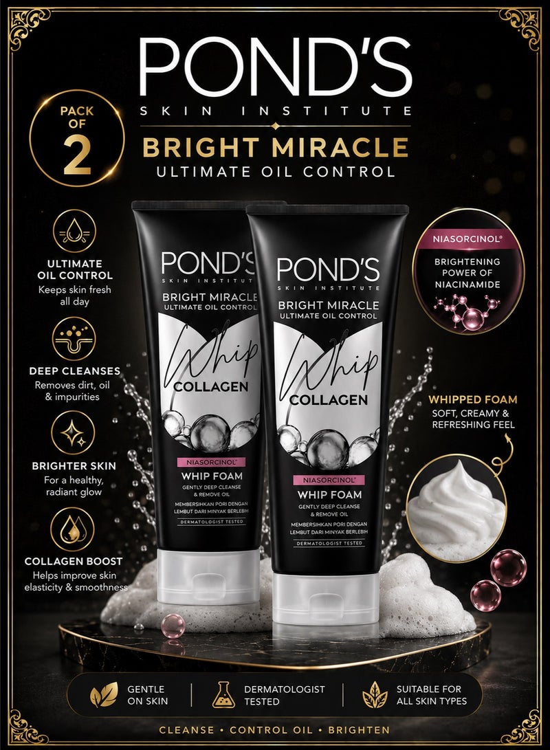 Pond's Bright Miracle Ultimate Oil Control Whip Collagen Facial Foam 100g x 2 - Image 1