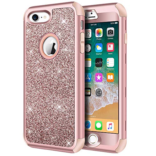 Hython Designed for iPhone 8, iPhone 7 Case, Heavy Duty Full-Body Defender Protective Case Bling Glitter Sparkle Hard Shell Hybrid Shockproof Rubber Bumper Cover, Rose Gold - Image 1