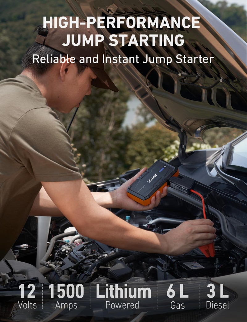 AstroAI S8 Car Battery Jump Starter, Car Jumper Starter Battery Pack for Up to 6.0L Gas & 3.0L Diesel Engines, 12V Portable Jump Box with 3 Modes Flashlight and Jumper Cable (Orange) - Image 2