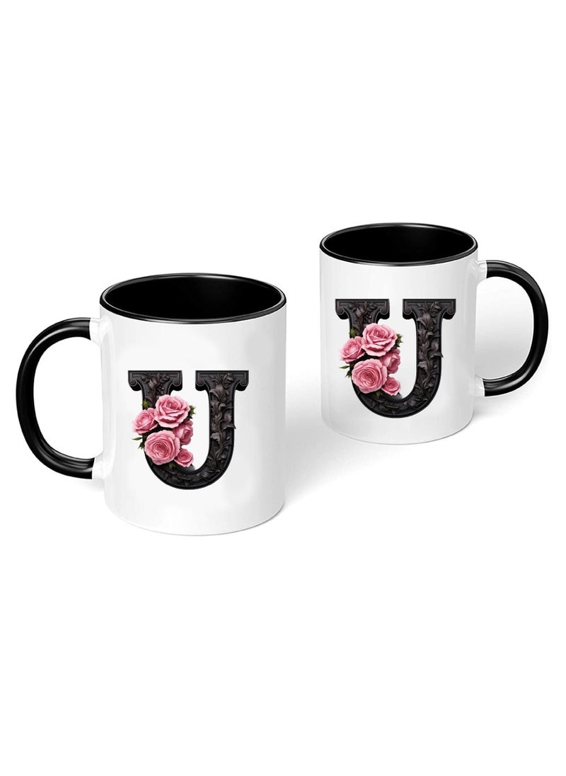 PRINTSHOP4ME - Monogrammed Initial Ceramic Coffee Mug - Stylized Designer Printed Black Two-Tone - Ceramic Coffee or Tea Mug 11 Oz - Glossy Black Mug - Personalized Gift For Family Members And Friends - Image 1