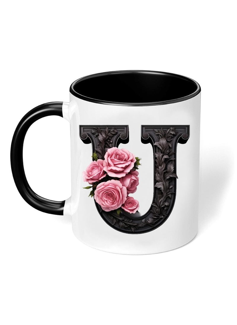 PRINTSHOP4ME - Monogrammed Initial Ceramic Coffee Mug - Stylized Designer Printed Black Two-Tone - Ceramic Coffee or Tea Mug 11 Oz - Glossy Black Mug - Personalized Gift For Family Members And Friends - Image 1