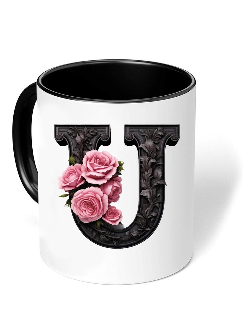 PRINTSHOP4ME - Monogrammed Initial Ceramic Coffee Mug - Stylized Designer Printed Black Two-Tone - Ceramic Coffee or Tea Mug 11 Oz - Glossy Black Mug - Personalized Gift For Family Members And Friends - Image 1
