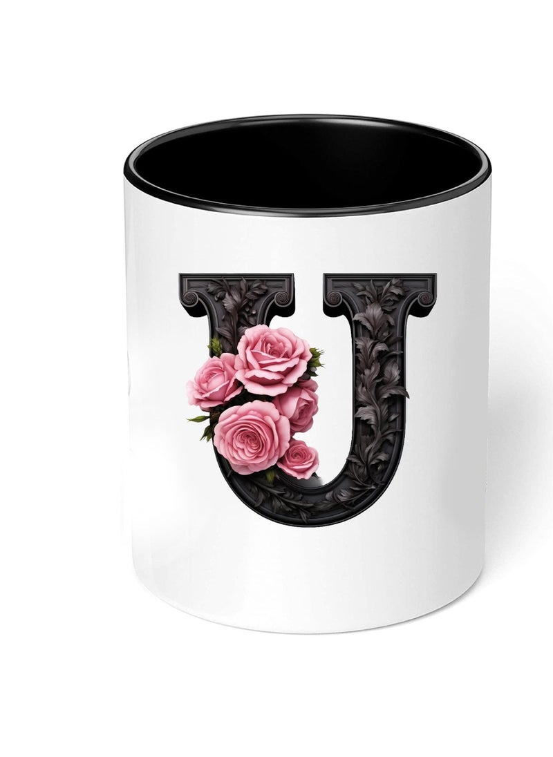 PRINTSHOP4ME - Monogrammed Initial Ceramic Coffee Mug - Stylized Designer Printed Black Two-Tone - Ceramic Coffee or Tea Mug 11 Oz - Glossy Black Mug - Personalized Gift For Family Members And Friends - Image 1