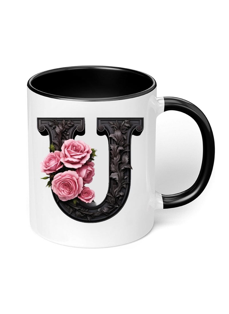 PRINTSHOP4ME - Monogrammed Initial Ceramic Coffee Mug - Stylized Designer Printed Black Two-Tone - Ceramic Coffee or Tea Mug 11 Oz - Glossy Black Mug - Personalized Gift For Family Members And Friends - Image 1
