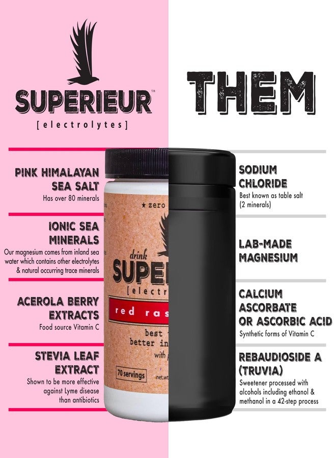 Superieur Electrolytes – Plant Based Electrolyte Supplement w/Sea Minerals for Hydration & Recovery – Keto Friendly, Non-GMO, Zero Sugar, Vegan Healthy Sports Drink Powder – Raspberry (70 Servings) - Image 2