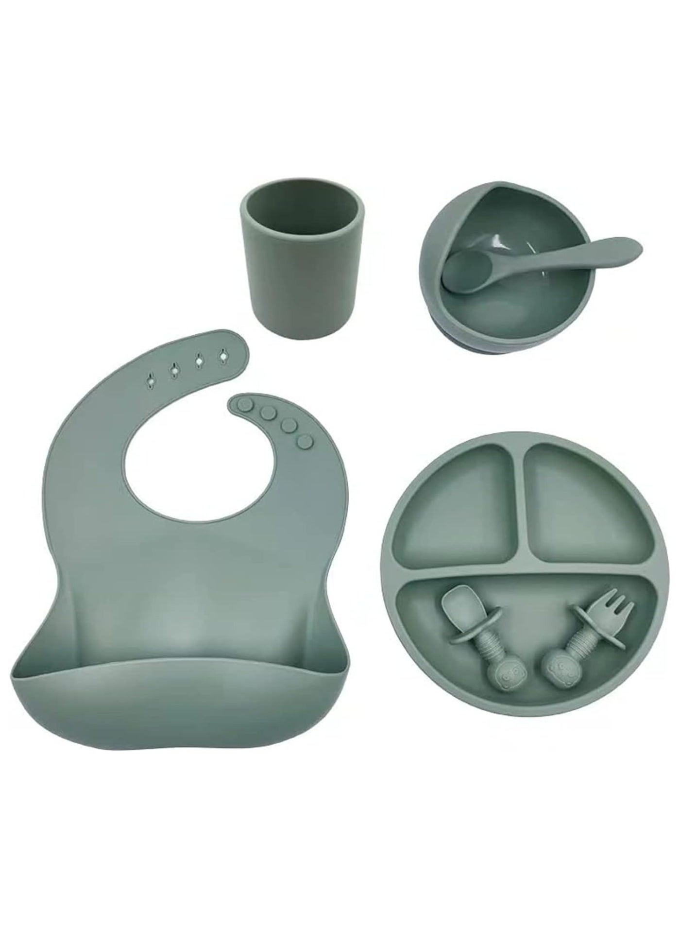 Manvik Baby Feeding Set, 7 Piece Silicone Set for Self Feeding, Learning & Fine Motor Skills Soft, Easy to Grip, Bib, Bowl, Plate, Mini Utensils, Spoon & Cup