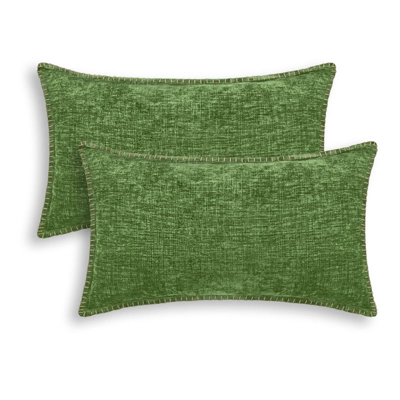 CaliTime Throw Pillow Covers Decorative 12 X 20 Inches Pack of 2 Cotton Thread Stitching Edges Solid Dyed Soft Chenille Cushion Cases for Couch Sofa Bed Living Room Farmhouse Forest Green