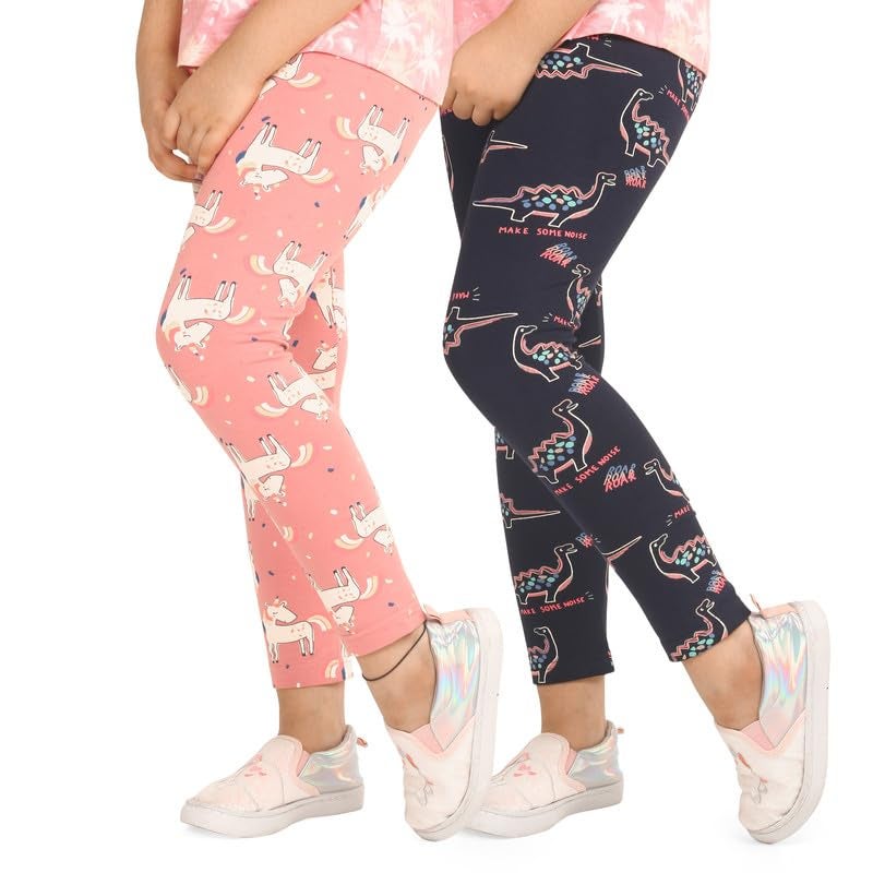ARIEL Girls Cotton Printed Non-Transparent Regular Fit Ankle Length Leggings(AR-G-Leg-P2-23-(Orange+NavyRoar)_Multicolor_23 Years), Mid Rise - Image 1