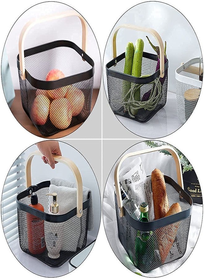 Ritmo Metal Mesh Steel Basket, Storage Organizer Basket Multi-functional Hanging Kitchen Baskets Fruit Basket Bin with Bamboo Handle for Kitchen Bathroom Picnic Shopping Decor Cabinet Home. - Image 3
