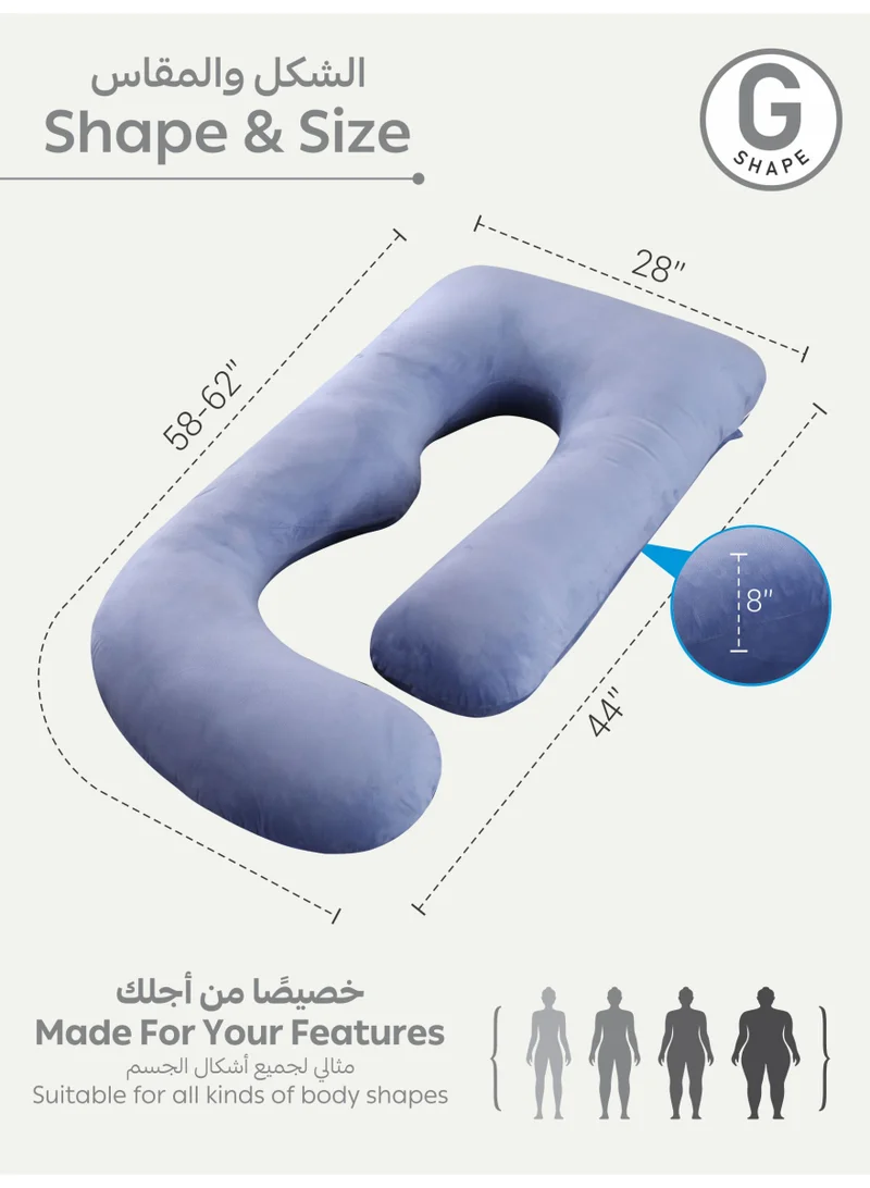 Donetella G-Shape Pregnancy Pillow – 180 cm Full Body Maternity Support Pillow with Removable Washable Velvet Cover – Support for Back, Legs, Belly & Hips – Blue