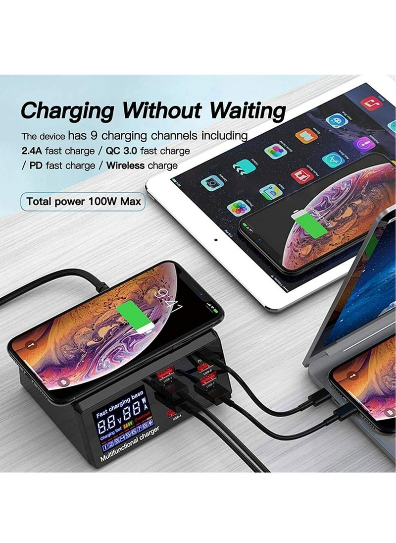 Generic - Fast charging 3.0 8-port USB fast charger, 100W USB hub fast charging station compatible with all mobile phones and iPad, QC 3.0 and PD fast charger, 10W maximum fast wireless charging - Image 1