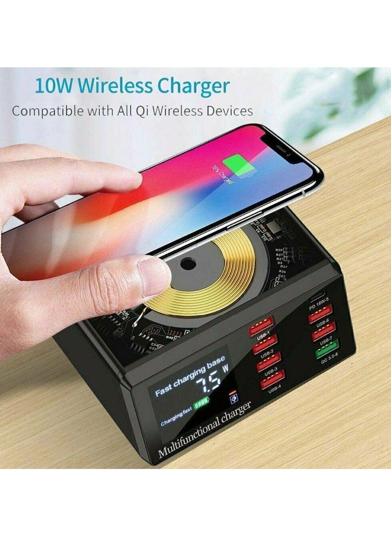Generic - Fast charging 3.0 8-port USB fast charger, 100W USB hub fast charging station compatible with all mobile phones and iPad, QC 3.0 and PD fast charger, 10W maximum fast wireless charging - Image 1