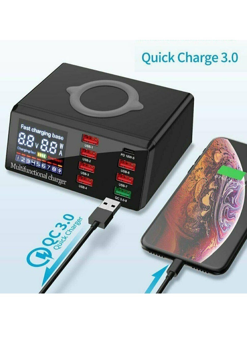 Generic - Fast charging 3.0 8-port USB fast charger, 100W USB hub fast charging station compatible with all mobile phones and iPad, QC 3.0 and PD fast charger, 10W maximum fast wireless charging - Image 1
