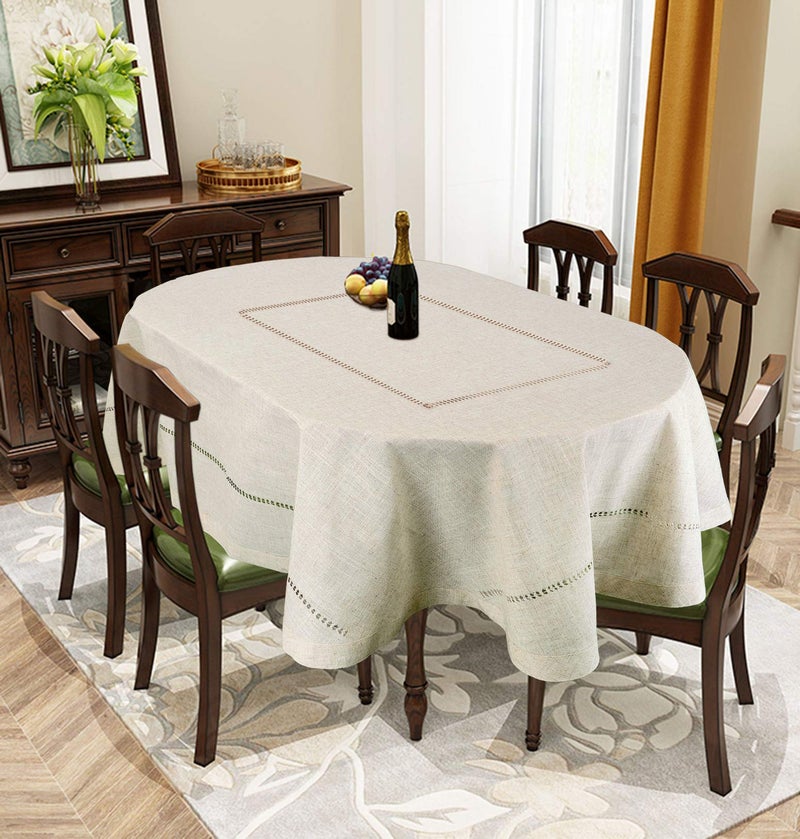 Grelucgo Handmade Double Hemstitch Natural Tablecloth, Oval 60 by 84 Inch - Image 3