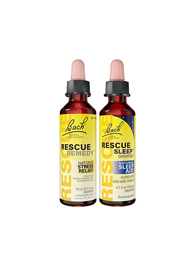 RESCUE Day & Night Dropper Bundle, Bach Rescue Remedy Dropper, Natural Stress Relief [and] Rescue Sleep Dropper, Natural Sleep Aid, Homeopathic Flower Essence, Vegan, 2 Pack, 20mL Ea  - Image 1