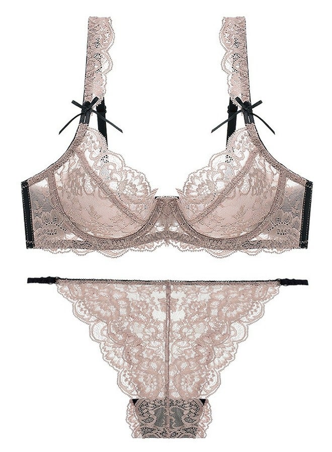 Loquat Ultra Thin Cup Lace Bra Panty Set Light Brown And Black Color Matching 
