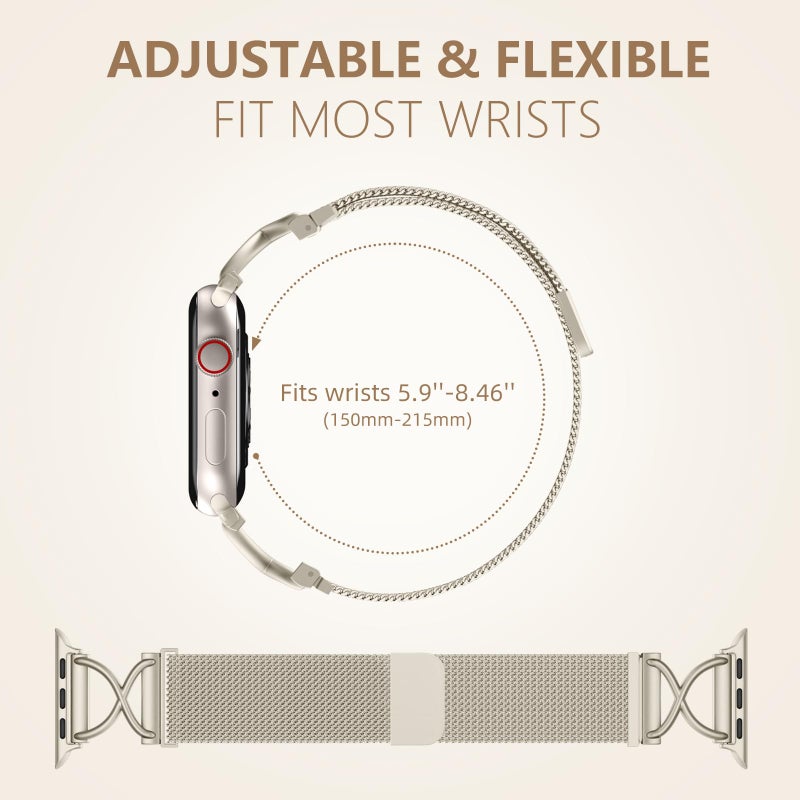Dirrelo Band Compatible with Apple Watch Bands for Women 40mm 41mm 42mm 44mm 45mm 49mm 38mm, Stainless Steel Mesh Loop Magnetic Clasp Wristband for iWatch Ultra 2 Series 9 8 SE 7 6 5 4 3 2 1,Starlight - Image 5