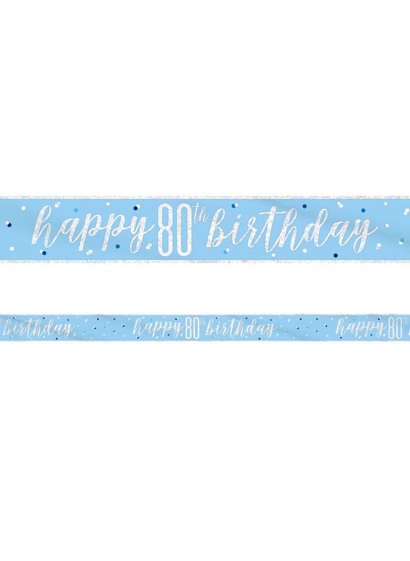 Unique Happy 80th Birthday Anniversary Banner Blue Silver Holographic 274cm