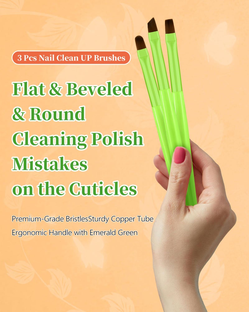 AMilHiTon 3PCS Nail Polish Clean Up Brush, Round&Falt&Angled Acetone Resistant Nail Brush for OPI Nail Polish Remover, Fingernail Cleaning Brushes at Home Nail Art and Designs(Bright Green) - Image 2