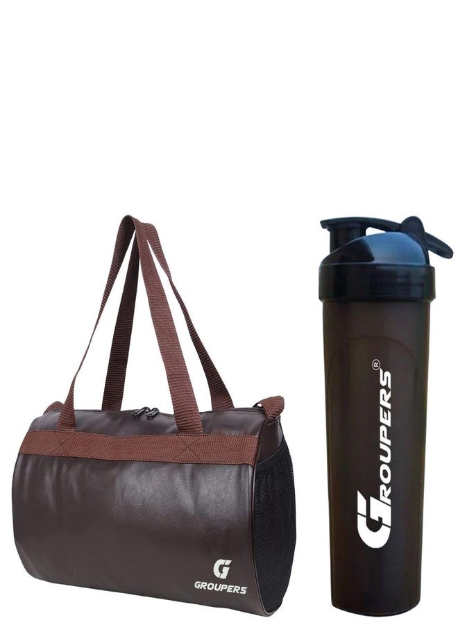 Groupers Gym Bag Combo 20-25L - Brown Sports & Travel Duffel for Men & Women + 700ml Shaker, Fitness Kit & Workout Gear - Image 1
