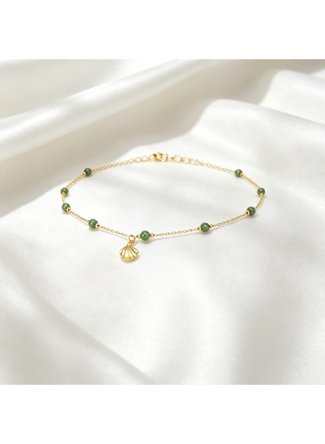 XIXI Dainty Thin Gold Chain Anklet with Natural Green Stone Beads and Mini Seashell Charm, Adjustable for Women - Image 3
