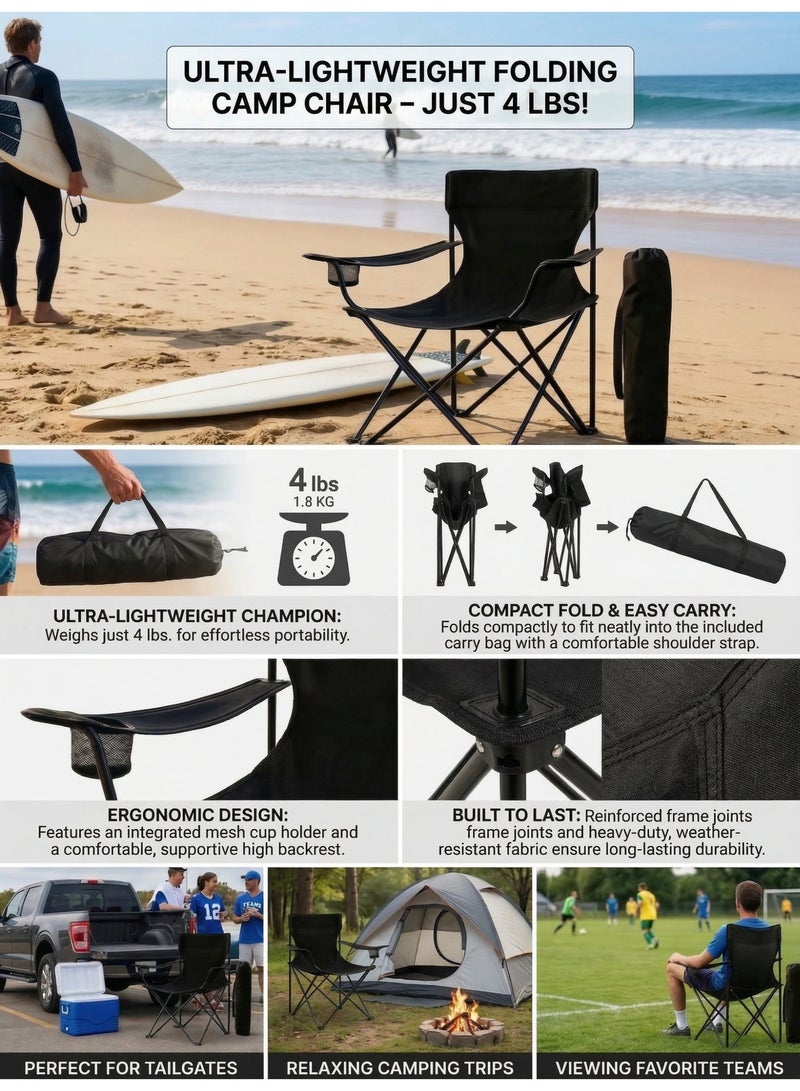 Folding Camping Chair with Armrests and Cup Holder Fishing Chairs with Carrying Bag Lightweight Portable Beach Chair Perfect for Trips and Travel (colors may vary) - Image 3