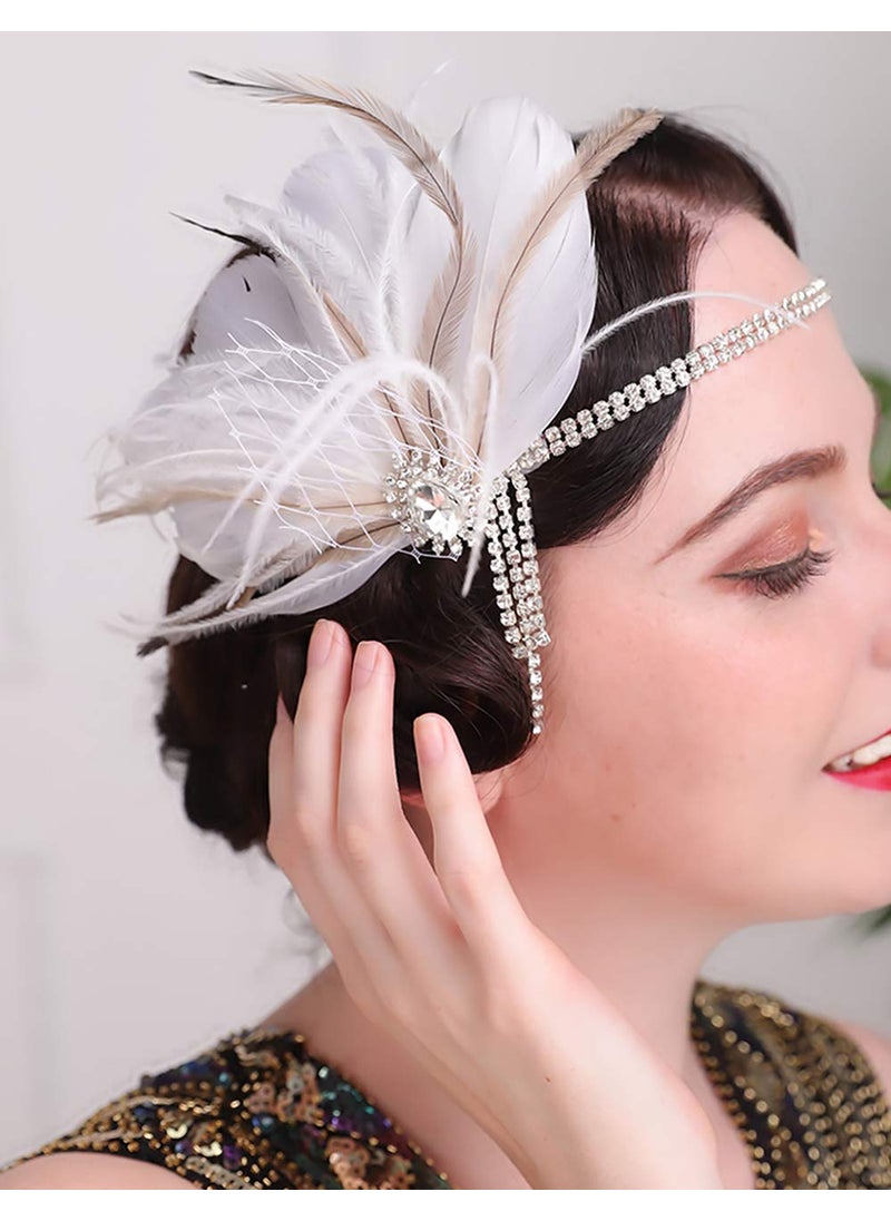 Aimimier - Aimimier Bridal 1920s Flapper Feather Headband with Crystal Head Chain Tassel White Feather Roaring 20s Headpiece Prom Party Festival Hair Accessories for Women - Image 1