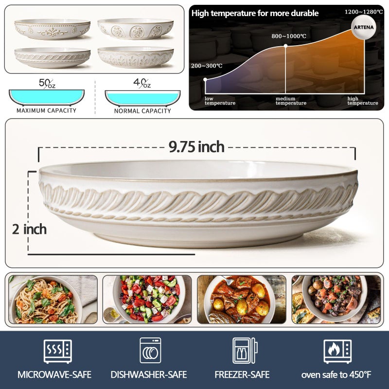 Artena Pasta Bowls, 50oz Large Salad Serving Bowls, 9.75'' Plates Bowls Set of 4, Big White Ceramic Soup Bowls for Kitchen, Embossment Shallow Dinner Bowl, Microwave Dishwasher Safe, Willow Leaf - Image 3