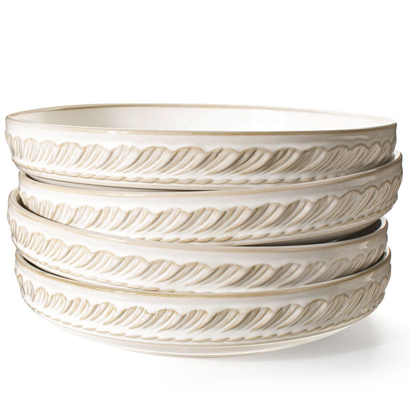 Artena Pasta Bowls, 50oz Large Salad Serving Bowls, 9.75'' Plates Bowls Set of 4, Big White Ceramic Soup Bowls for Kitchen, Embossment Shallow Dinner Bowl, Microwave Dishwasher Safe, Willow Leaf - Image 1