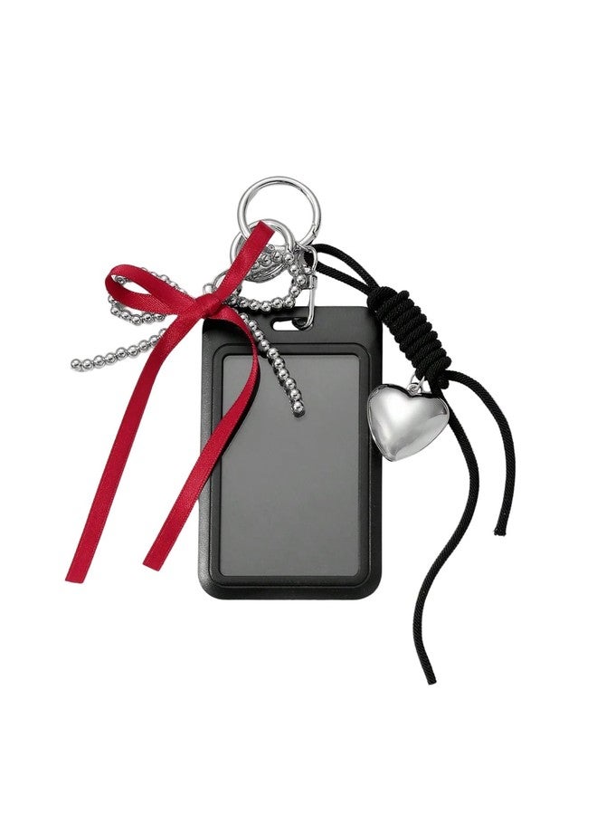 MAKEMECHIC Women's Clear Photocard Badge Holder Key Chain Ribbon Heart Shape Y2k Pendant Keychain Black Medium - Image 1