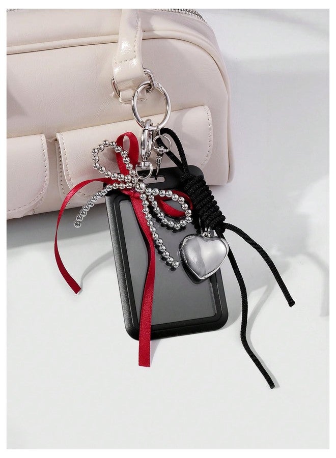 MAKEMECHIC Women's Clear Photocard Badge Holder Key Chain Ribbon Heart Shape Y2k Pendant Keychain Black Medium - Image 3