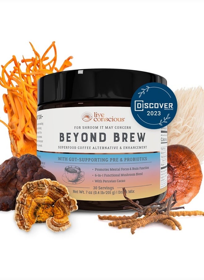 Live Conscious - Beyond Brew Mushroom Superfood Coffee | Mushroom Coffee Alternative Low Caffeine | Healthy Coffee Substitute | W/ Prebiotics & Probiotics | By Live Conscious | 30 Servings Net Wt. 7 oz (0.4 lb/201g) - Image 1