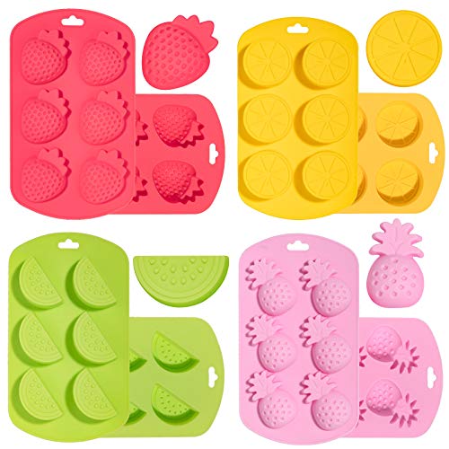 Whaline 4 Pack Fruit Shaped Silicone Mold Pineapple Lemon Watermelon Strawberry Chocolate Candy Baking Mould 3D Summer Fruit Ice Mold for DIY Jelly Fondant Soap Gummy Cake Cupcake Topper Decoration - Image 1