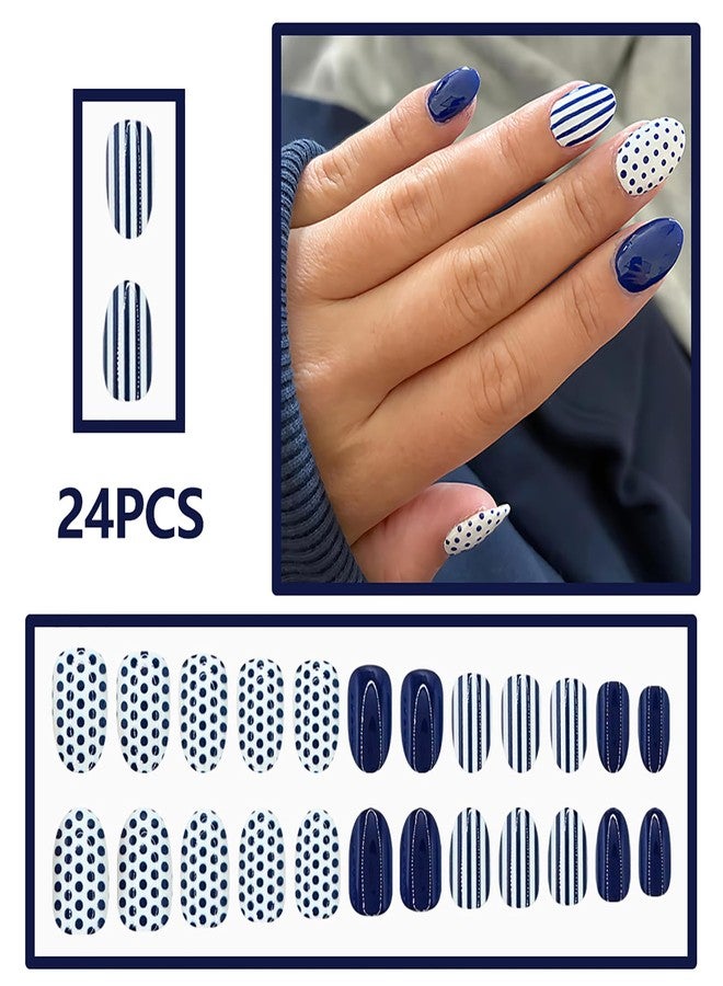 ASABITE 24Pcs Blue Almond Press on Nails Short Fake Nails with Polka Dot Line Design Glossy Reusable False Nail Blue Polka Dot Nails Press ons Full Cover Artificial Nail Nude Almond Stick on Nails for Women - Image 2