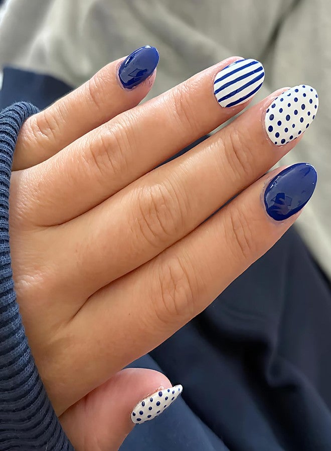 ASABITE 24Pcs Blue Almond Press on Nails Short Fake Nails with Polka Dot Line Design Glossy Reusable False Nail Blue Polka Dot Nails Press ons Full Cover Artificial Nail Nude Almond Stick on Nails for Women - Image 1