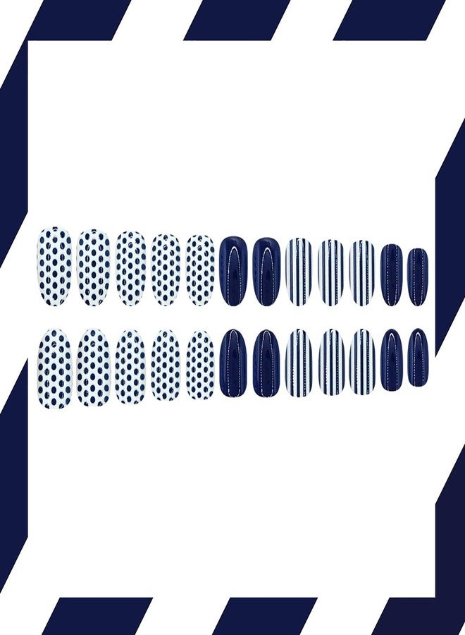 ASABITE 24Pcs Blue Almond Press on Nails Short Fake Nails with Polka Dot Line Design Glossy Reusable False Nail Blue Polka Dot Nails Press ons Full Cover Artificial Nail Nude Almond Stick on Nails for Women - Image 5
