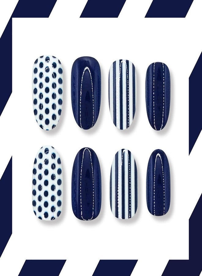 ASABITE 24Pcs Blue Almond Press on Nails Short Fake Nails with Polka Dot Line Design Glossy Reusable False Nail Blue Polka Dot Nails Press ons Full Cover Artificial Nail Nude Almond Stick on Nails for Women - Image 3