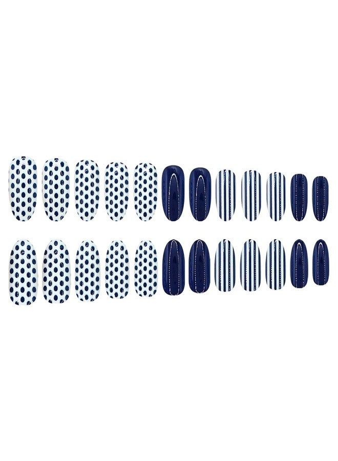 ASABITE 24Pcs Blue Almond Press on Nails Short Fake Nails with Polka Dot Line Design Glossy Reusable False Nail Blue Polka Dot Nails Press ons Full Cover Artificial Nail Nude Almond Stick on Nails for Women - Image 4