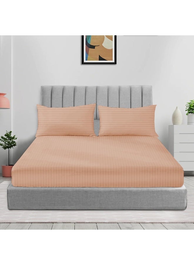 طقم شرشف مطاطي مخطط من 3 قطع - 180x200 + 17 سم (خوخ) مايكروفايبر خوخ كينج - 180x200 + 17 سم - Image 1