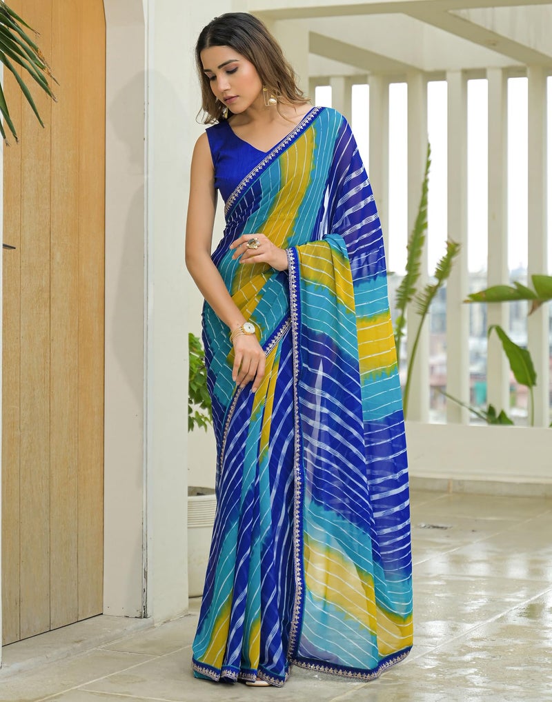 SIRIL Women's Georgette Printed Leheriya Saree With Unstitched Blouse (4745S681_Blue) - Image 4