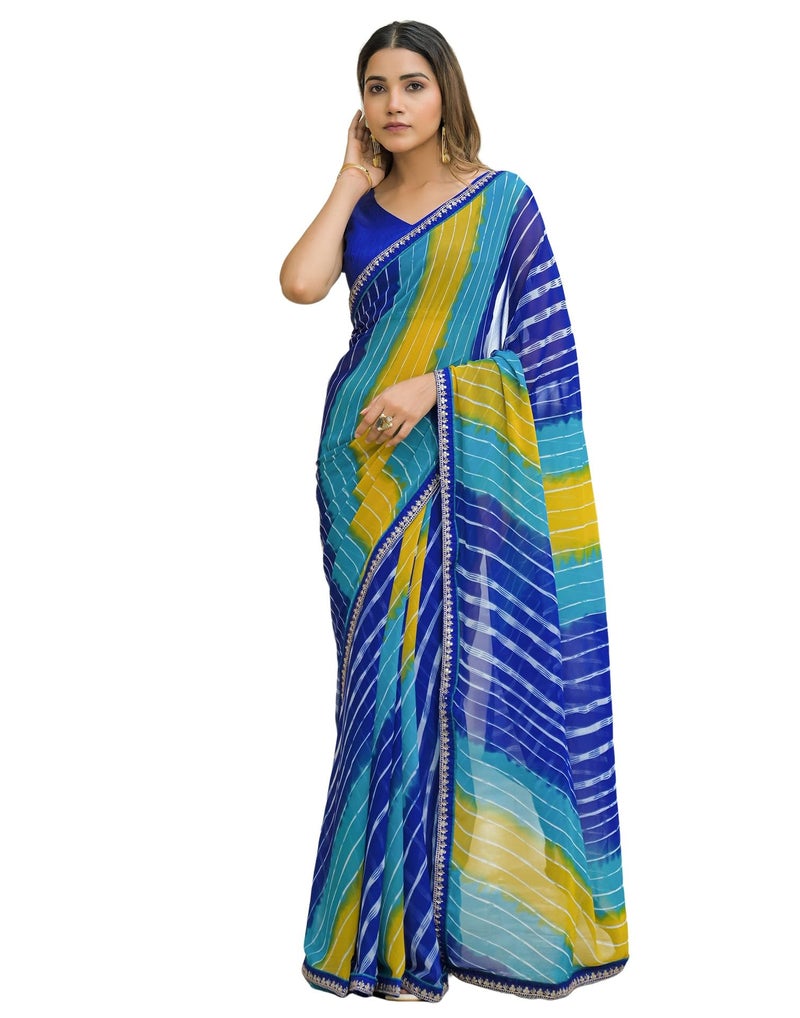 SIRIL Women's Georgette Printed Leheriya Saree With Unstitched Blouse (4745S681_Blue) - Image 1