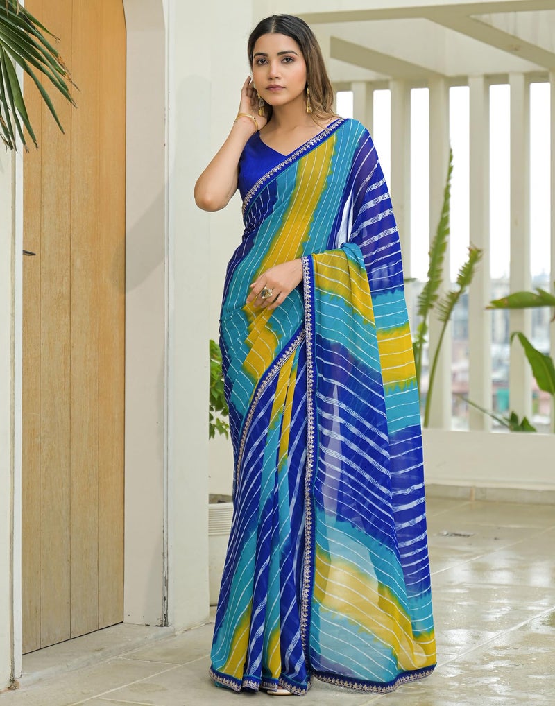 SIRIL Women's Georgette Printed Leheriya Saree With Unstitched Blouse (4745S681_Blue) - Image 2