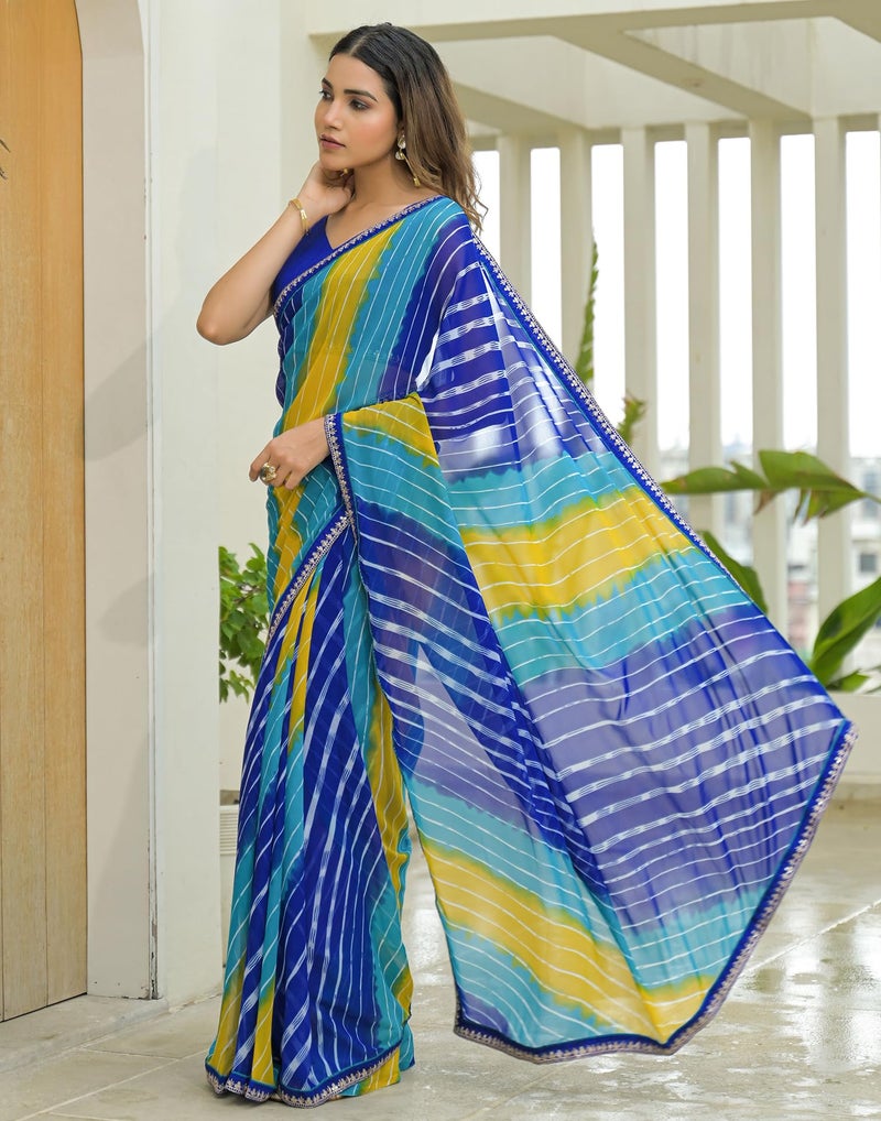 SIRIL Women's Georgette Printed Leheriya Saree With Unstitched Blouse (4745S681_Blue) - Image 5