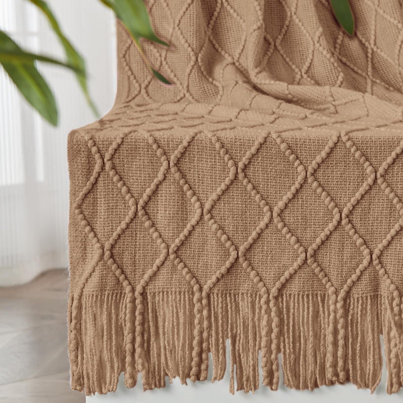 inhand Knitted Throw Blankets for Couch and Bed Soft Cozy Knit Blanket with Tassel Khaki Lightweight Decorative Blankets and Throws Farmhouse Warm Woven Blanket for Men and Women 50x60 - Image 2