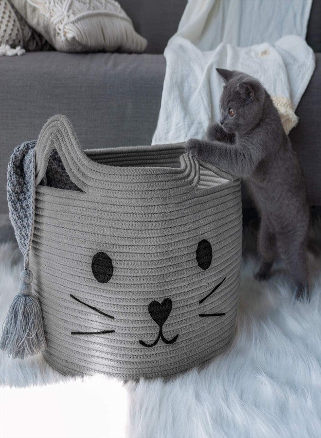 Gleckn Cotton Rope Basket with Handle, Cat Toys Storage Bin for Kids Pets, Cute Woven Containers Holder for Playing Room, Bed Room 15.7" L×13" H (Grey) - Image 5