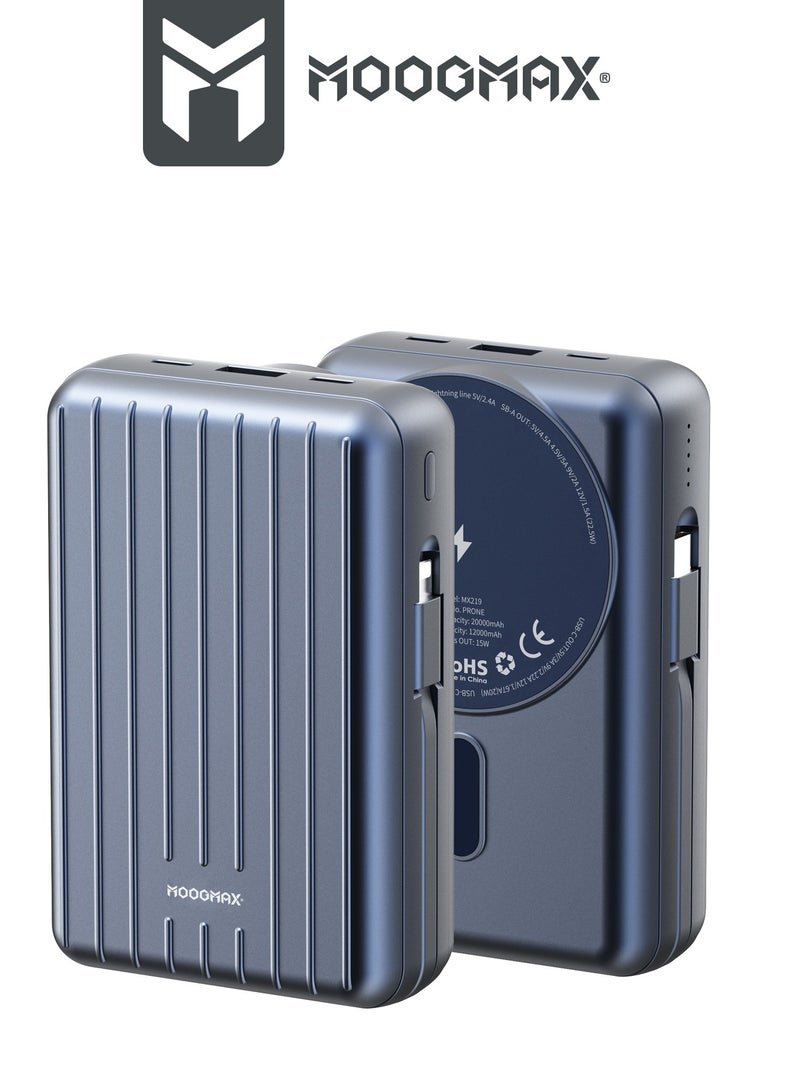 MOOGMAX 20000mAh Trunk series magnetic wireless power bank  22.5W super-charging, two built-in cables with 15W wireless charging, 3 external ports 1 Type-C and 1 Type-A, and a Lightning port. Blue  - Image 2